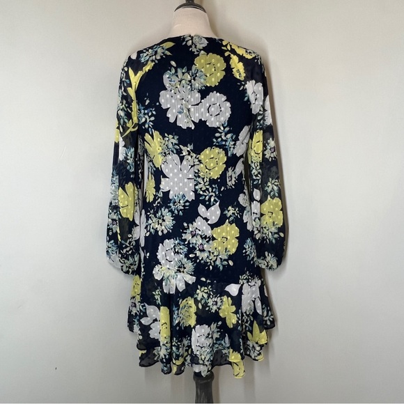 Eliza J Sheer Sleeve Fit & Flare Dress EUC Blue Floral Beaded Spring Wedding - Picture 4 of 13